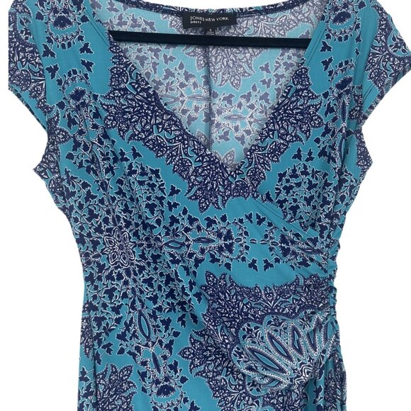 Jones New York Teal and Navy Mandala Print Faux Wrap Dress Size 6 - Picture 5 of 6